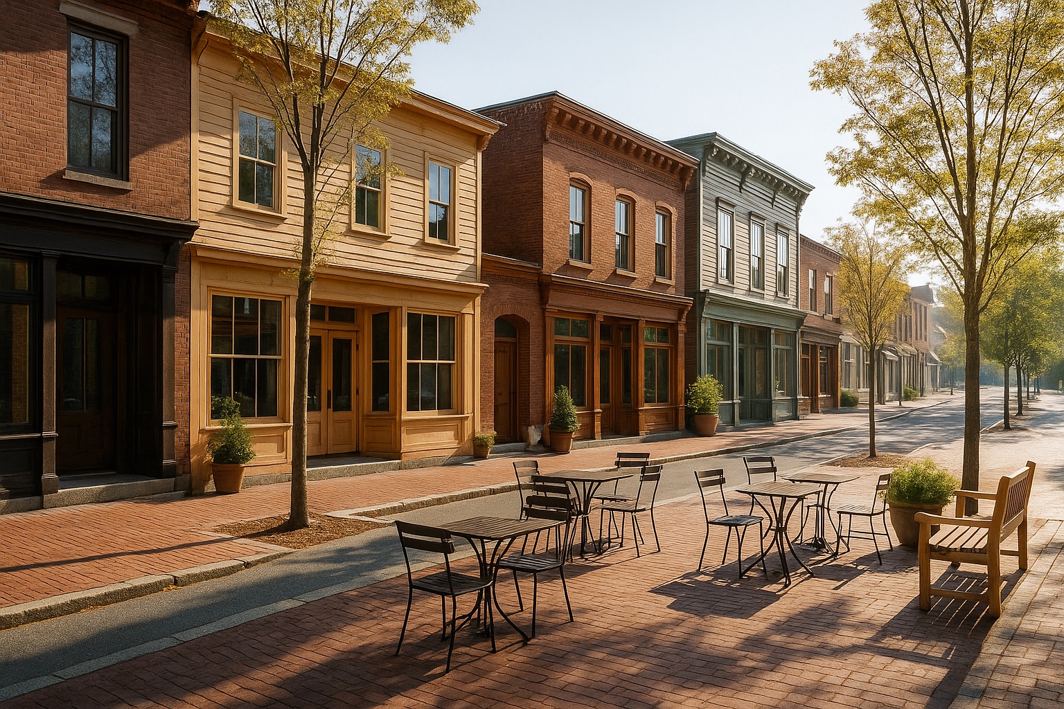 New England main street with charming storefronts and small businesses, bright morning light
