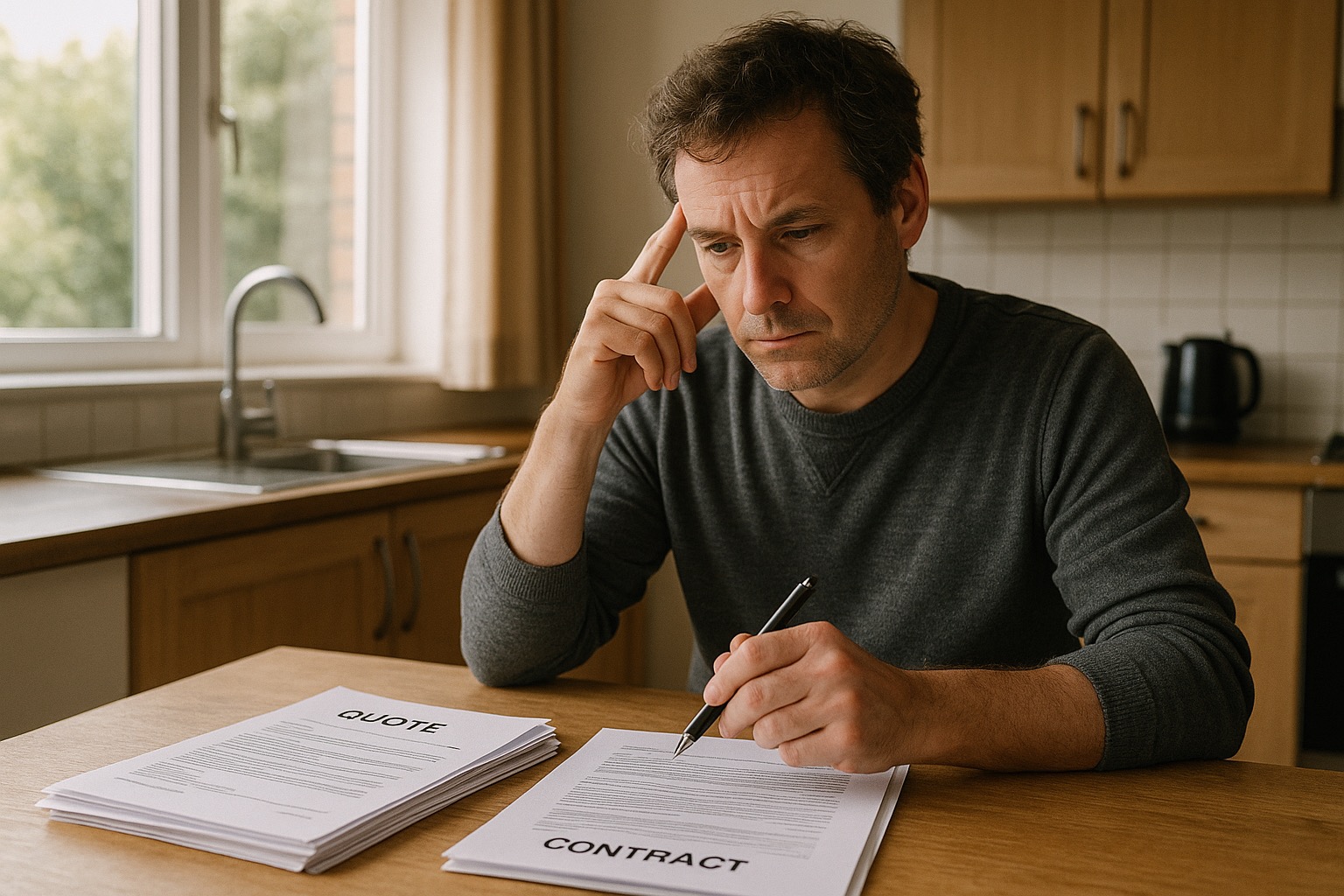 Homeowner reviewing stack of written quotes and contracts at kitchen table while planning home improvement project