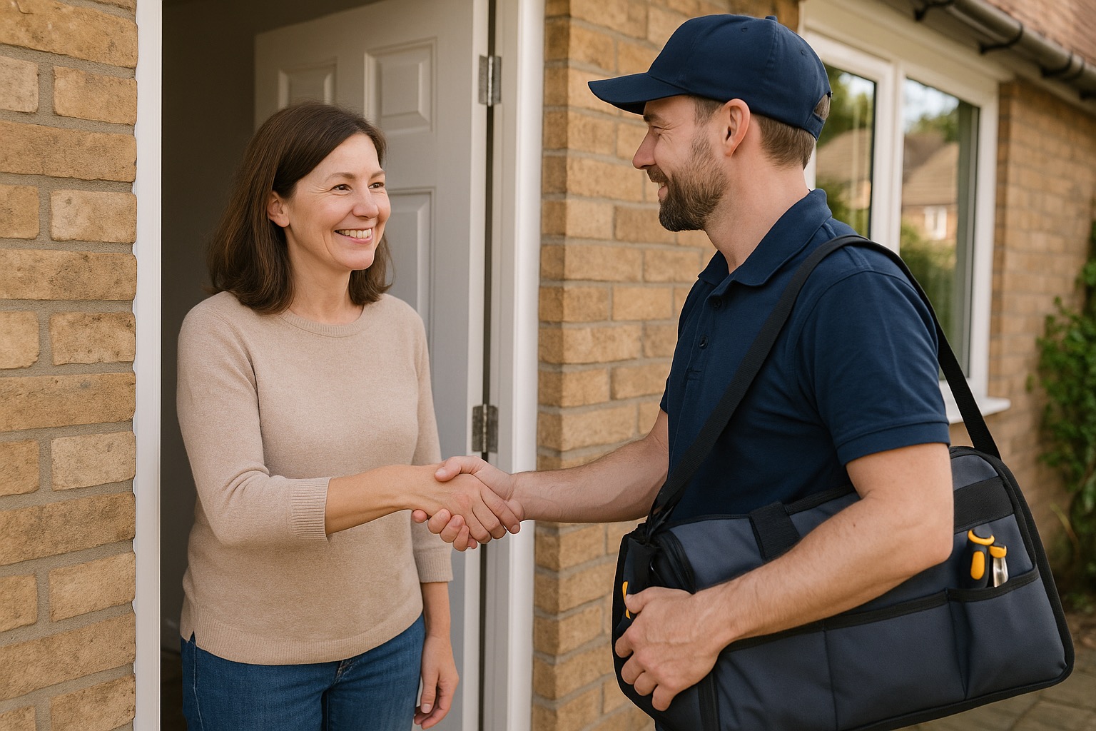 Handshake between homeowner and professional tradesperson on residential doorstep sealing the service agreement